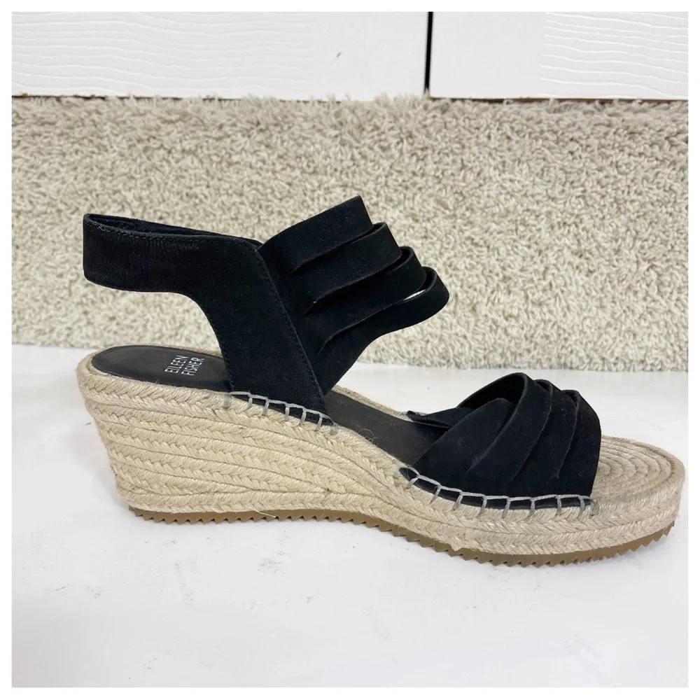 Eileen Fisher LARGO Espadrille Wedge Sandal Women's Black Leather 9 Platform
